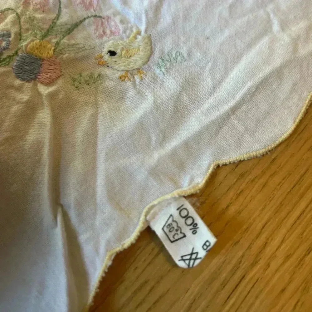 Hand-Embroidered Cotton Tablecloth 31x31 - Easter Chick & Floral Design
